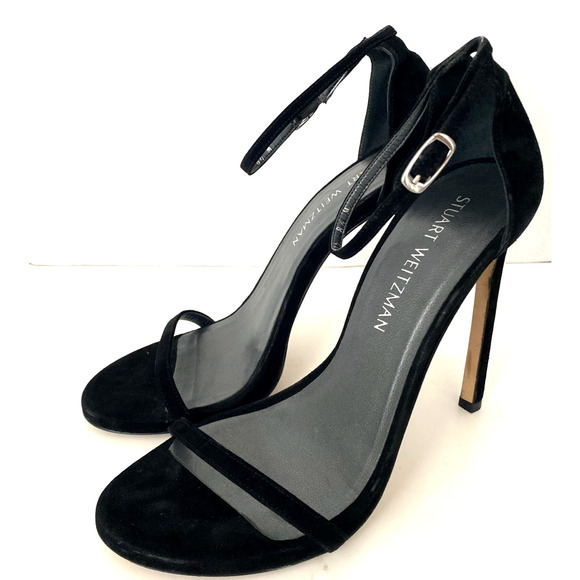 Stuart Weitzman Nudist Nudistsong Black Suede Sandal Open Toe Slim Heel 8.5 - Picture 7 of 15